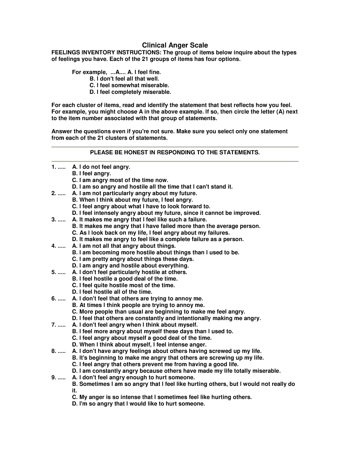 Clinical Anger Scale CAS 1 - Clinical Anger Scale FEELINGS INVENTORY ...