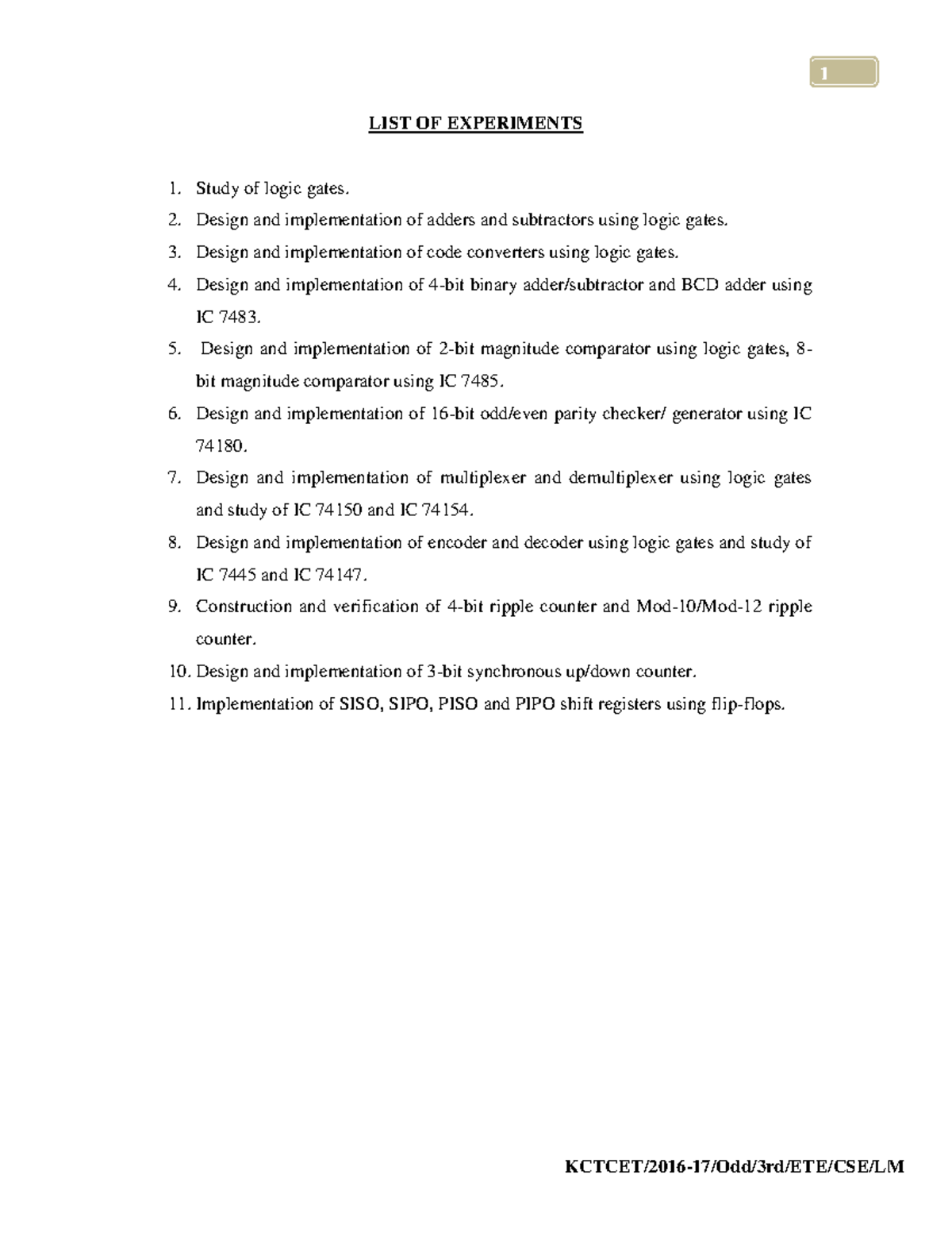 DigitalElectronicsLab manual LIST OF EXPERIMENTS Study of logic