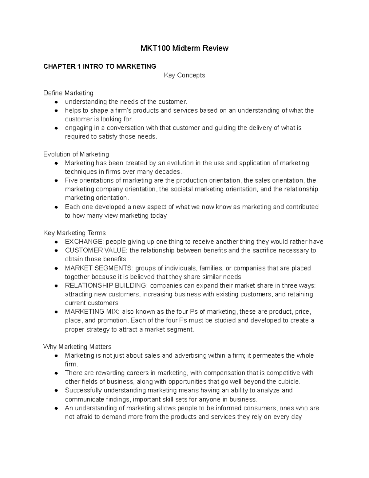 MKT100 Midterm Review - Lecture notes 1-10 - MKT100 Midterm Review ...