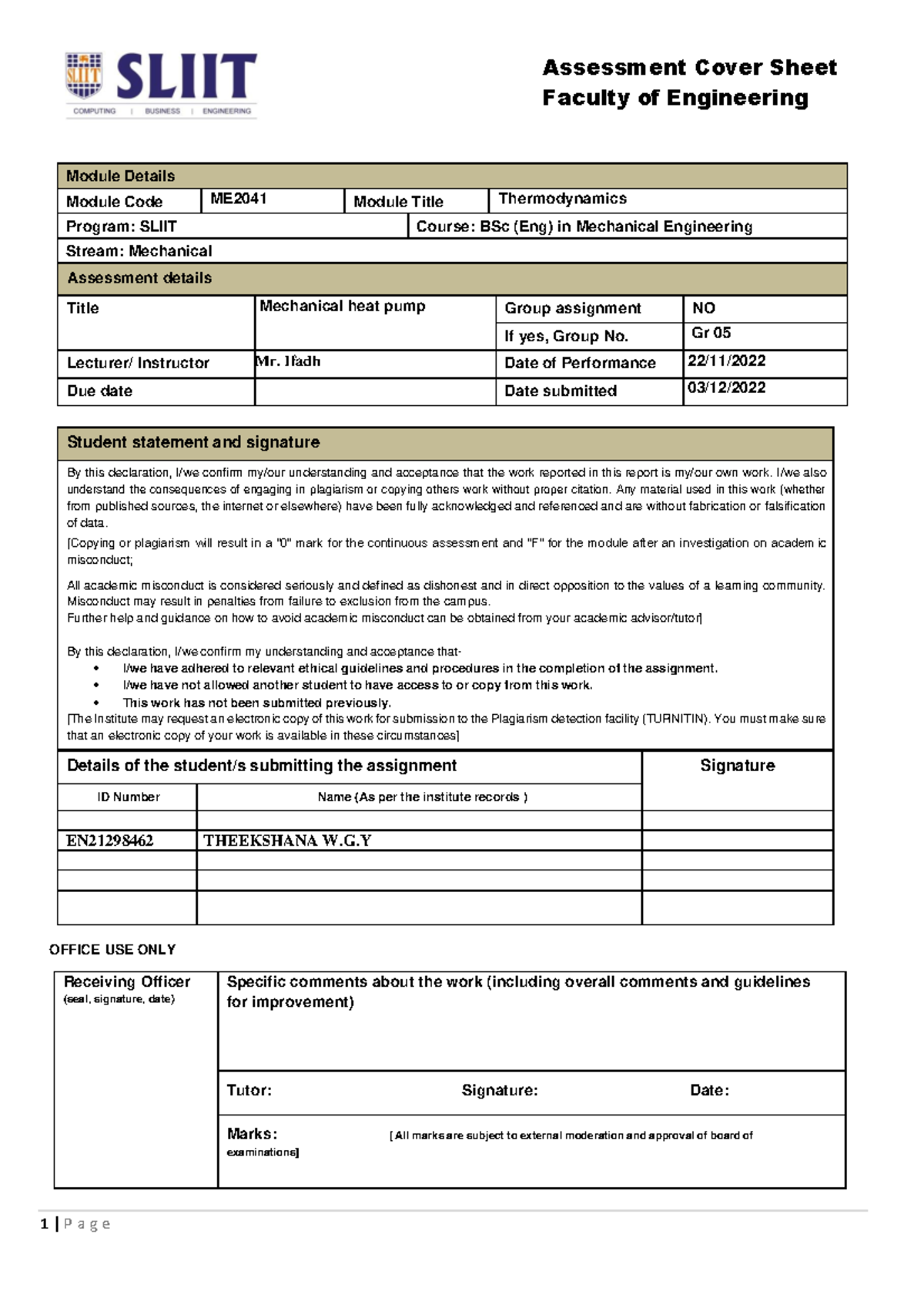 En21298462 mechanical heat pump lab report OFFICE USE ONLY Assessment