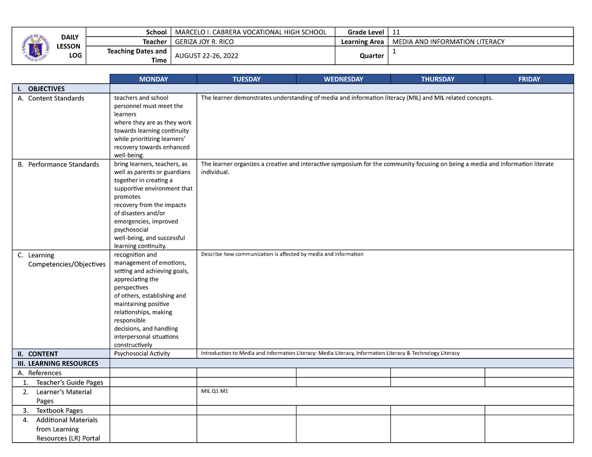 DLL MIL Q1 Week 1 - Lesson Plan - DAILY LESSON LOG School MARCELO I ...