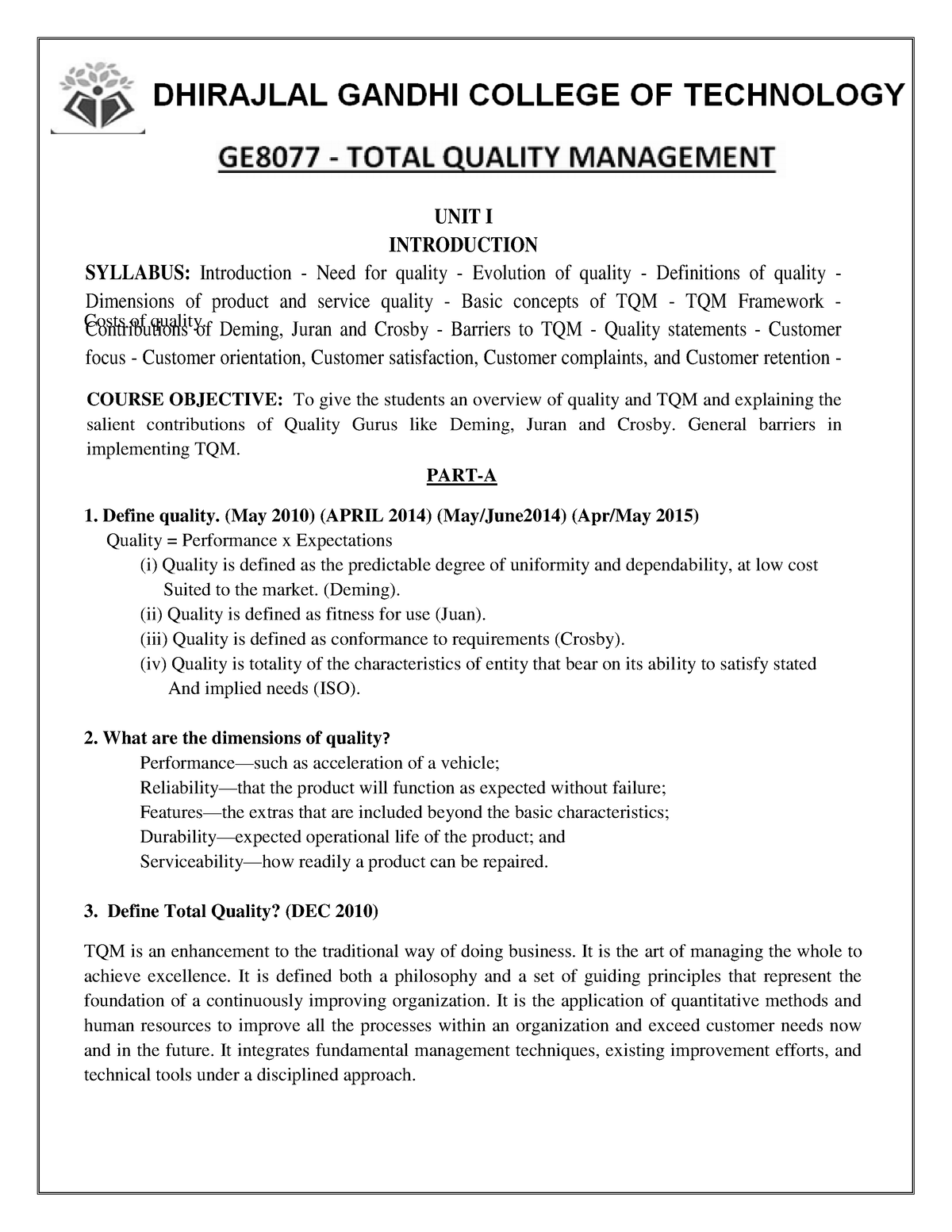 GE8077-TQM QB (2&16 Marks) - GE6757 - TOTAL QUALITY MANAGEMENT UNIT I ...