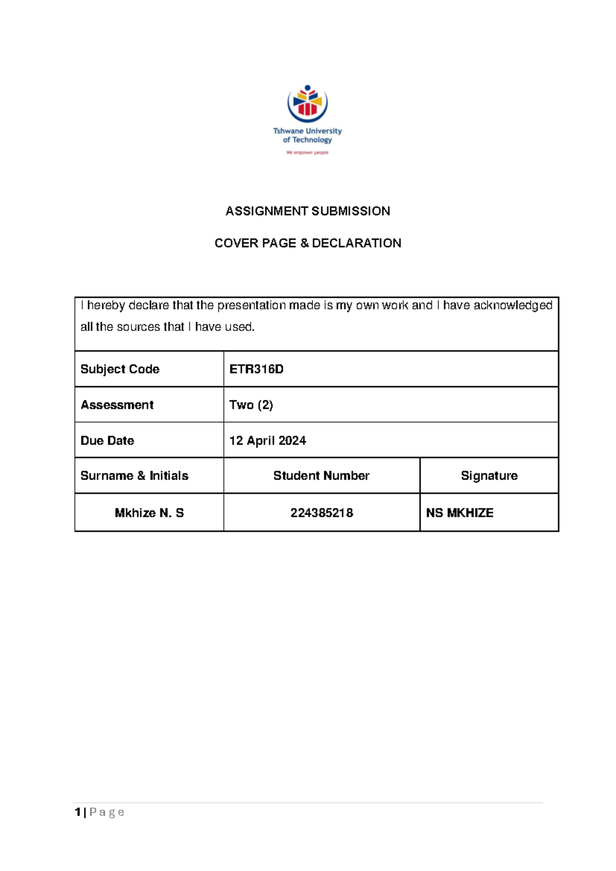Mkhize 2 - Assignment - ASSIGNMENT SUBMISSION COVER PAGE & DECLARATION ...