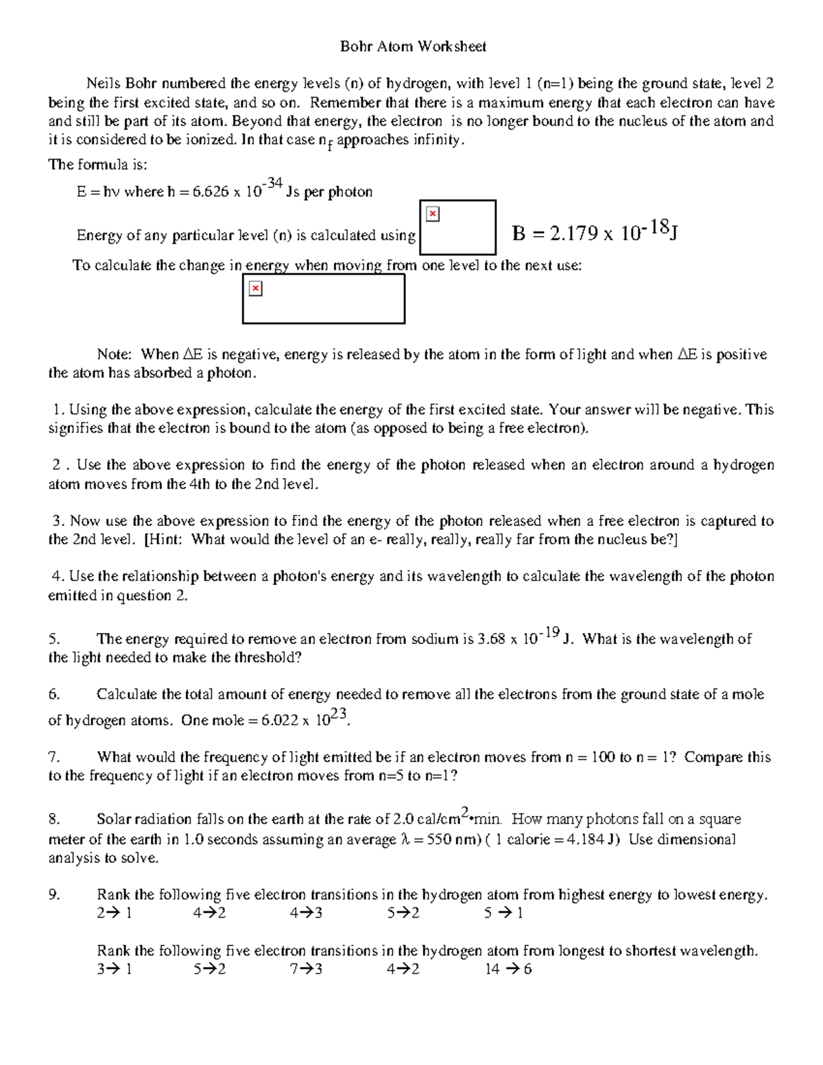 Bohr energy level worksheet - Bohr Atom Worksheet Neils Bohr numbered ...