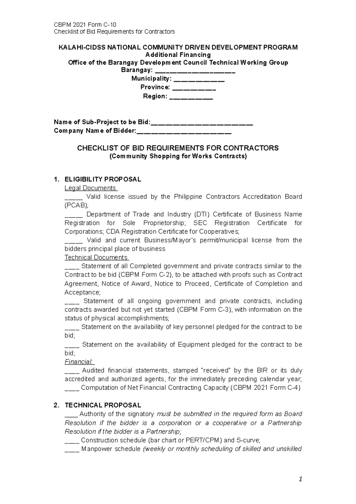CBPM 2021 Form C10 Checklist of Bid Requirements ELIGIBILITY