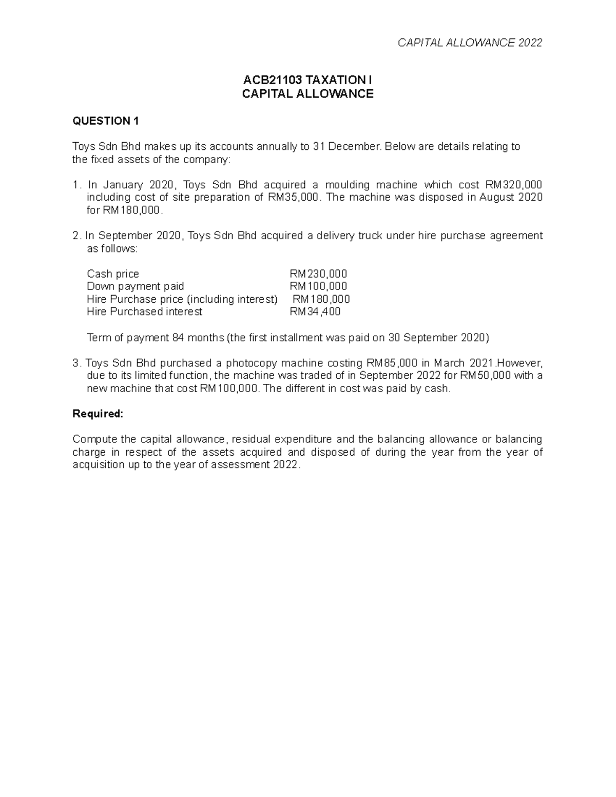 Tutorial Capital Allowance2022 CAPITAL ALLOWANCE 2022 ACB21103