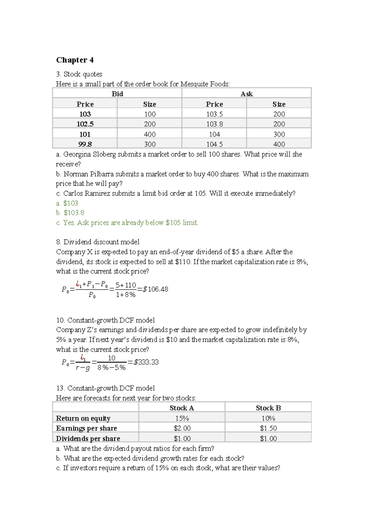 Valuation II Common stockQuestions Chapter 4 Stock quotes Here is a small part of the order