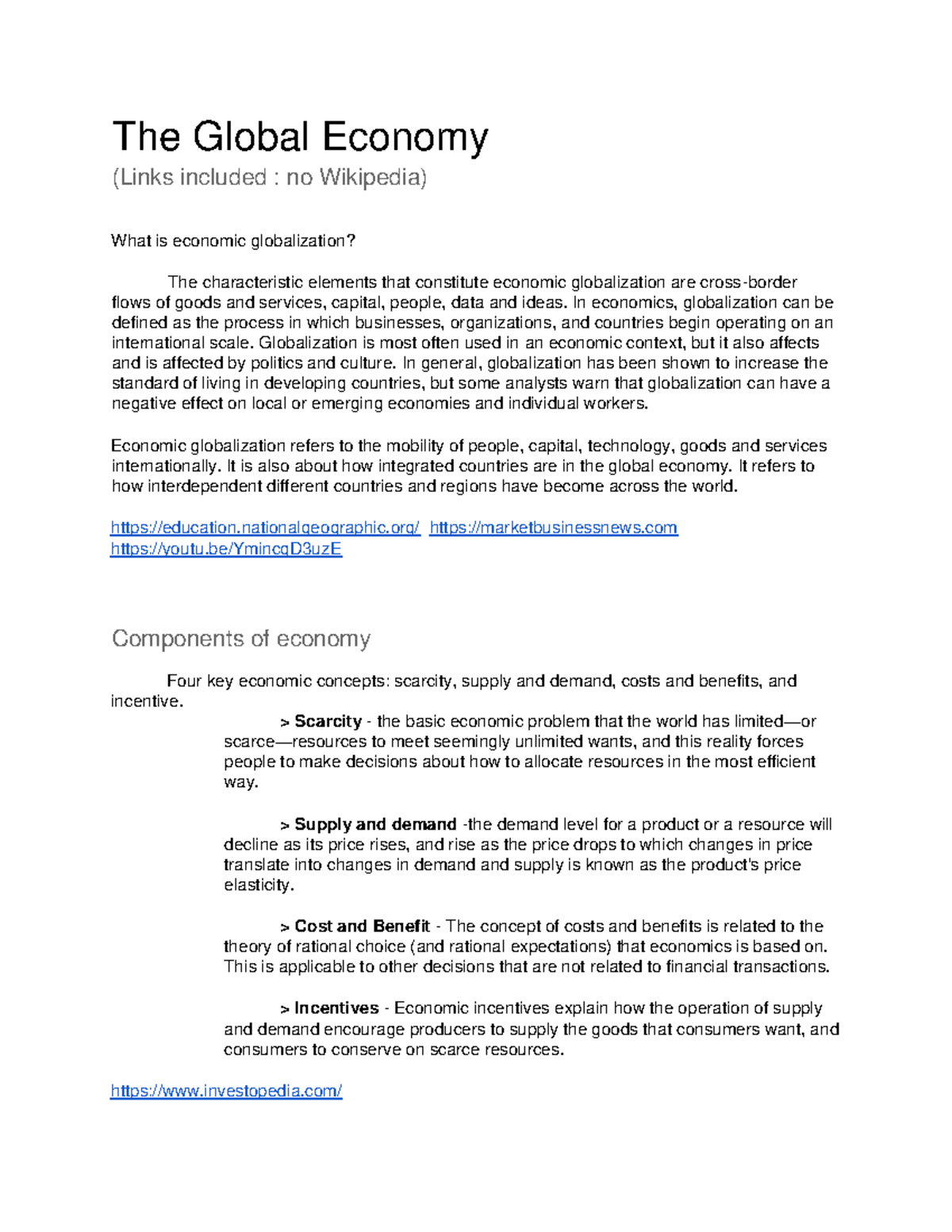 summary of global economy essay