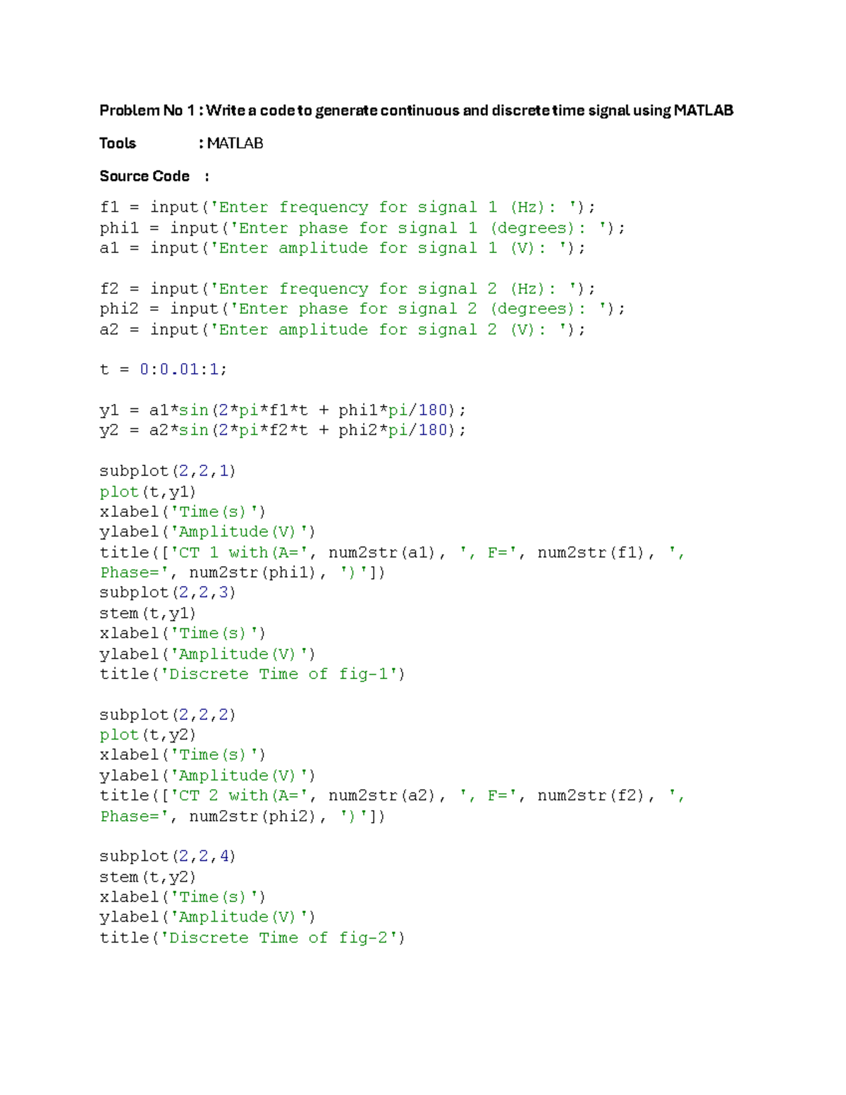 Lab Report DC - Problem No 1 : Write a code to generate continuous and ...