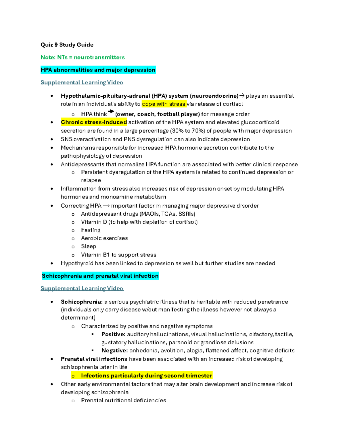 Quiz 9 Study Guide - Quiz 9 Study Guide Note: NTs = neurotransmitters ...
