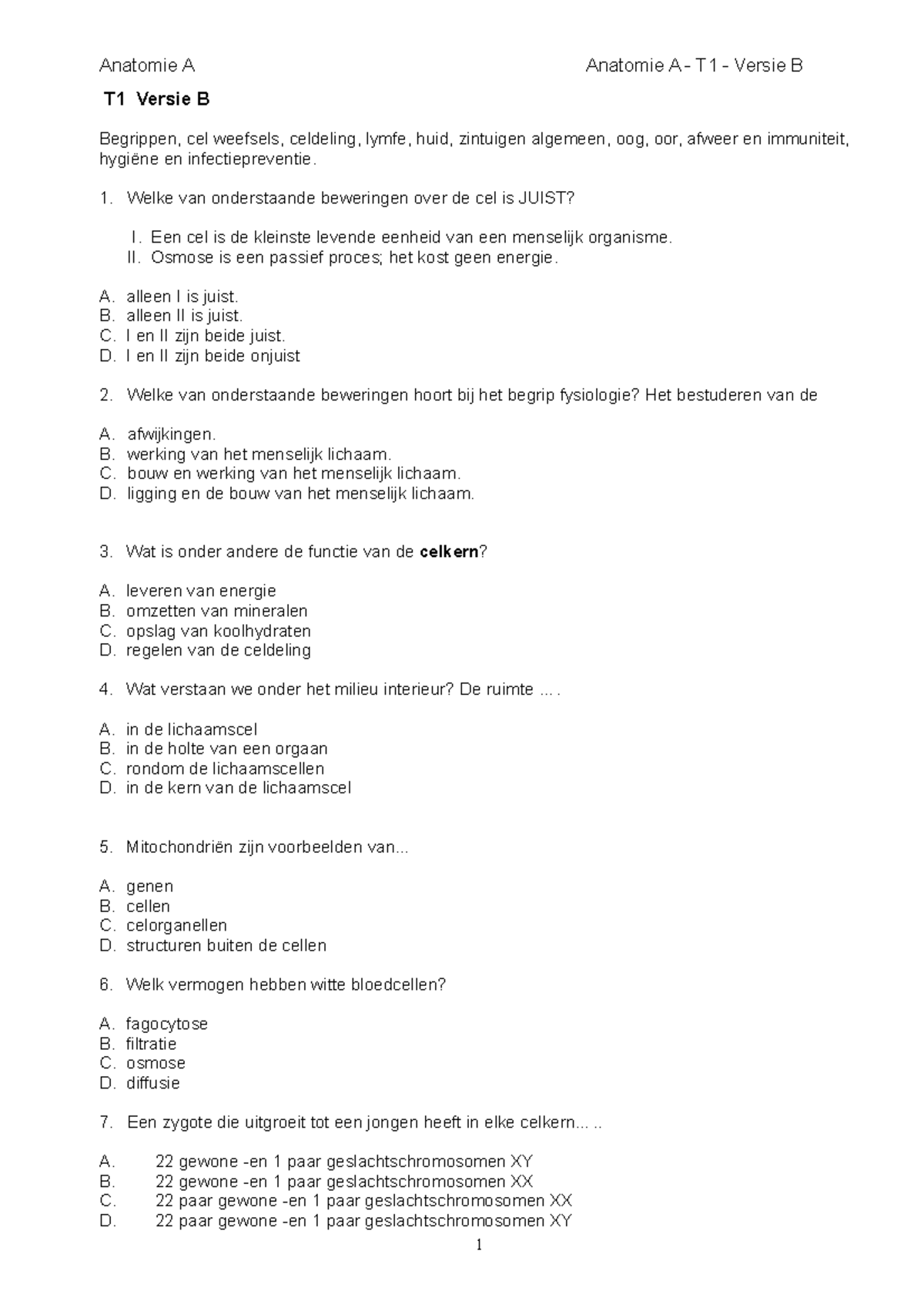 Anatomie Fysiologie Pathologie En Verpleegkunde T1 Versie B Begrippen Cel Weefsels