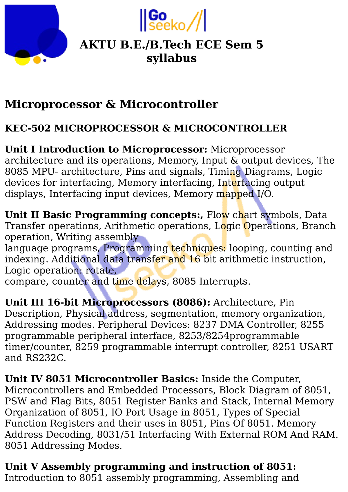 ECE Sem 5 Syllabus - AKTU B.E./B ECE Sem 5 Syllabus Microprocessor ...