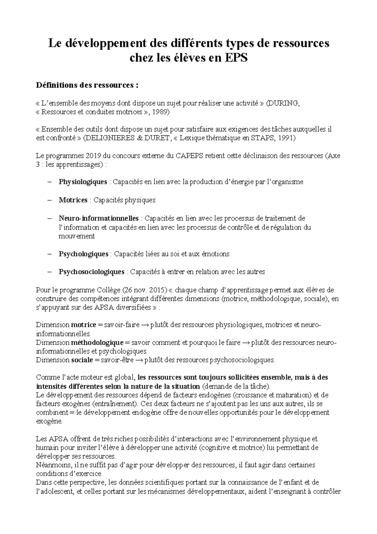Le développement des différents types de ressources chez les élèves en ...