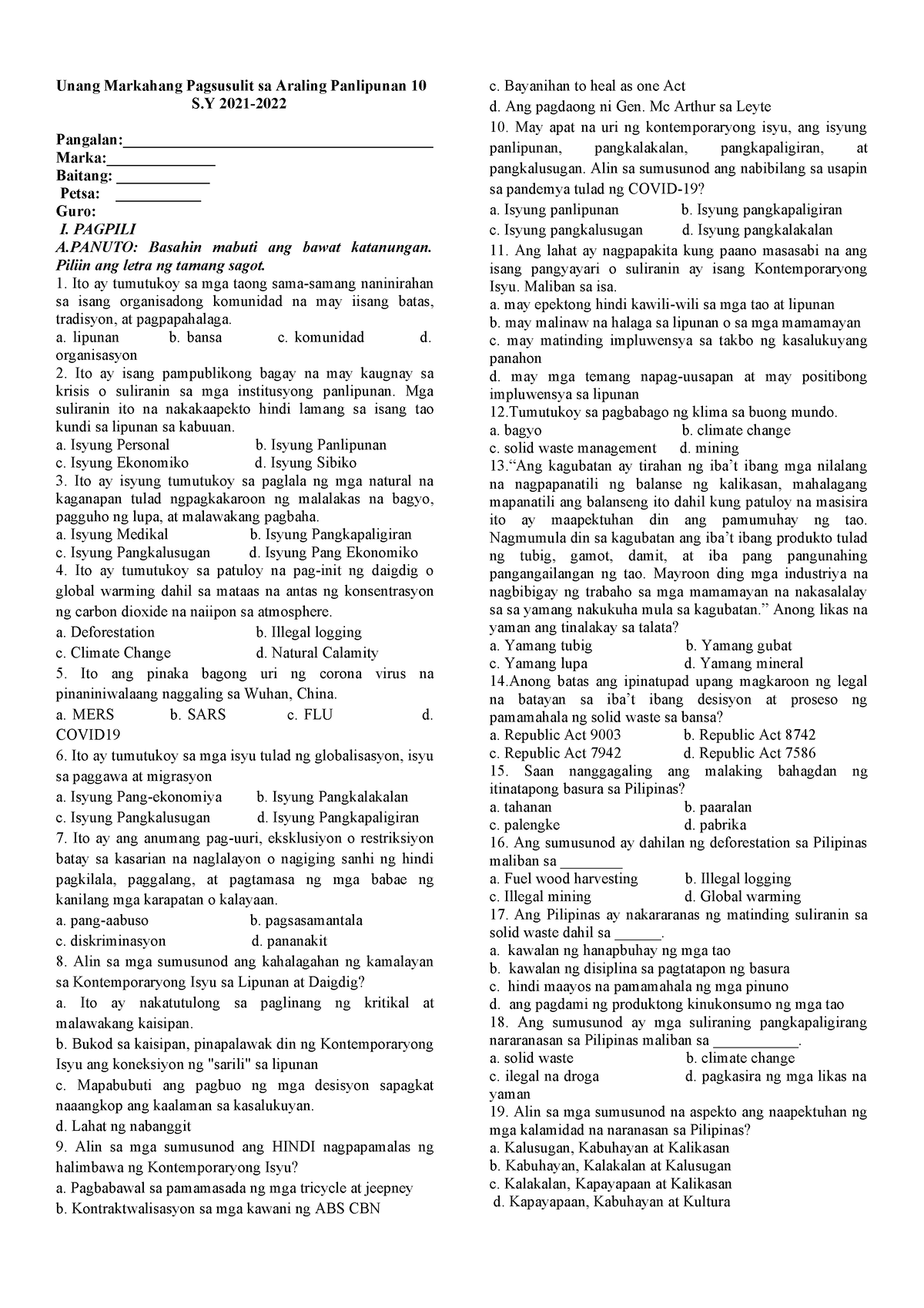 Q1-AP10-EXAM - For Teaching Materials - Unang Markahang Pagsusulit Sa ...