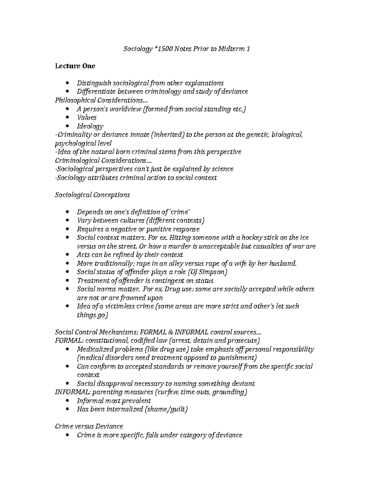 Lecture notes, lectures 1-8 - Sociology Notes Prior to Midterm 1 ...