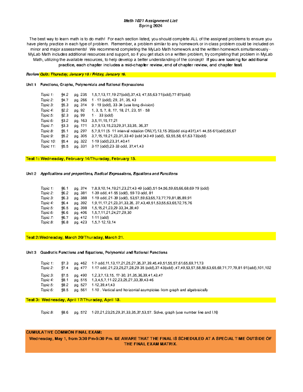 Math 1021 Assignment List Spring 2024 - Review Quiz: Thursday, January ...