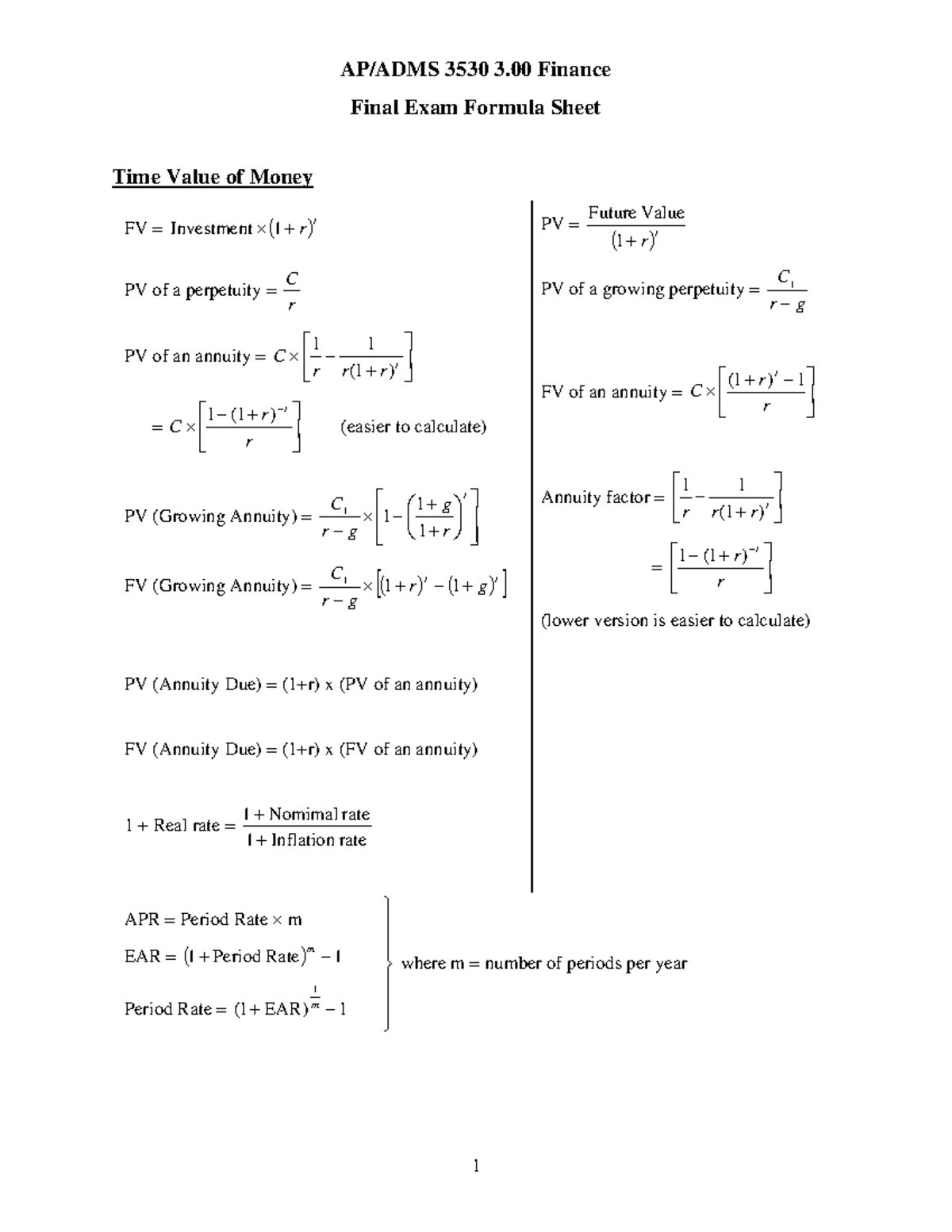 3530 Final Exam Formula Sheet AP/ADMS 3530 3 Finance Final Exam