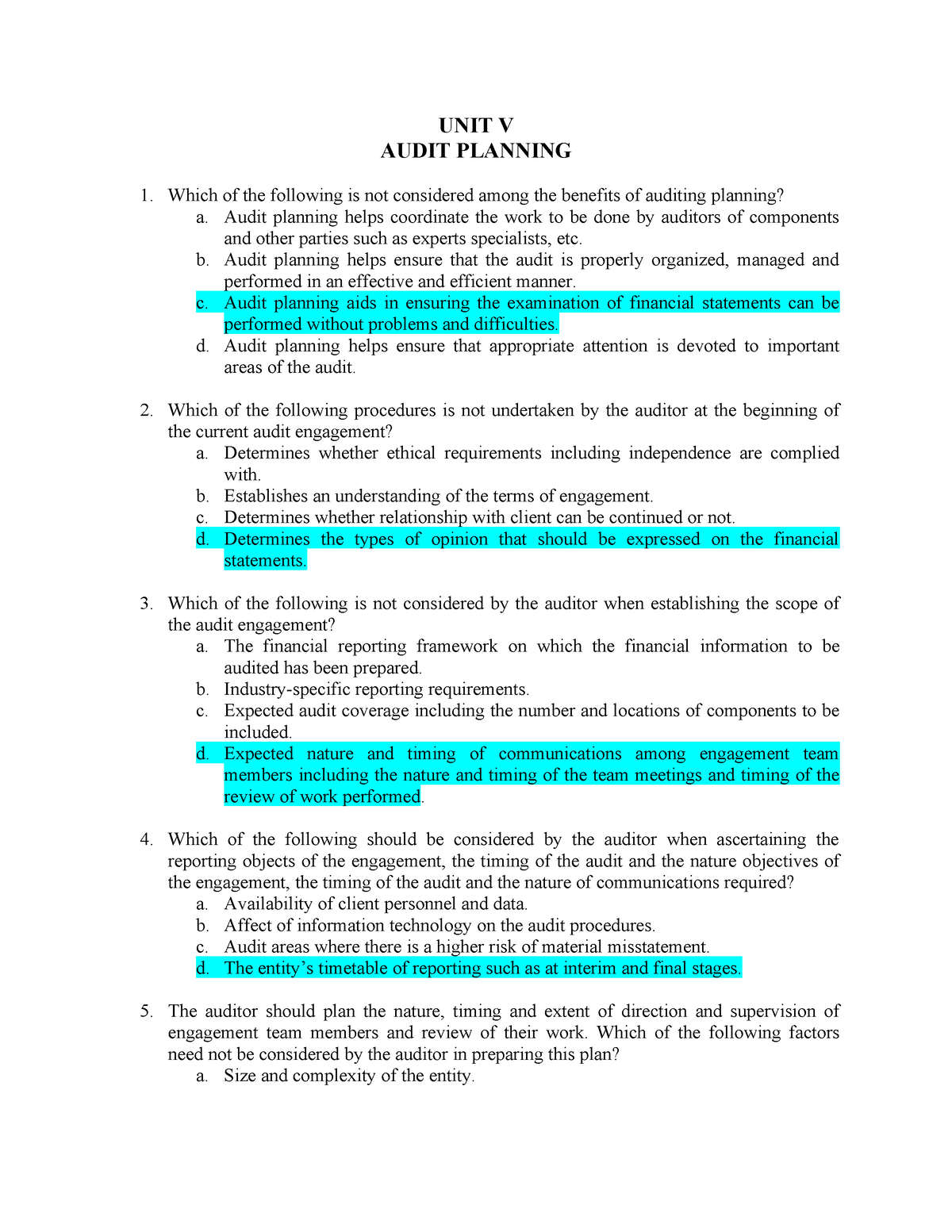 Auditing Assurance TEST - UNIT V AUDIT PLANNING Which Of The Following ...