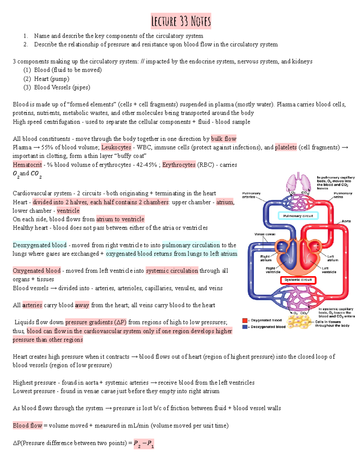 Cardiovascular System - Lecture 33 Notes ####### 1. Name and describe ...