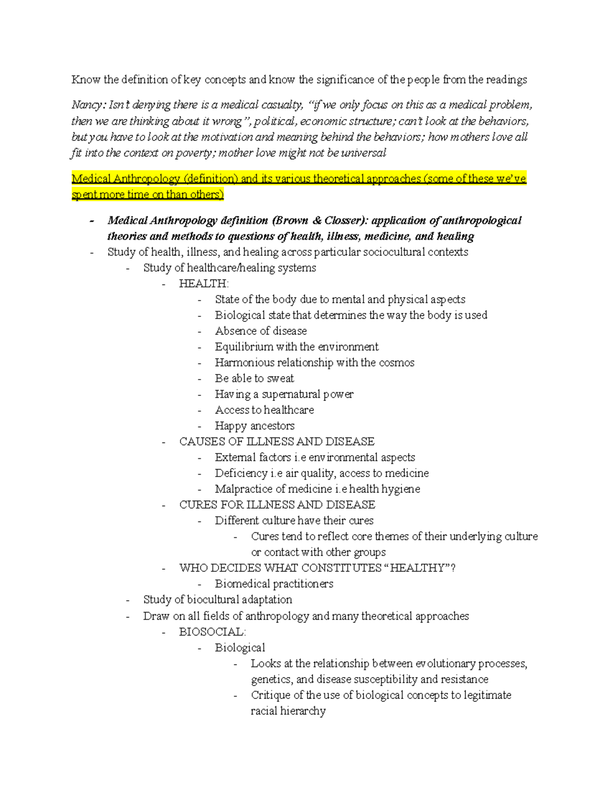 Exam 1 Study Guide Medical Anthropology Know the definition of key