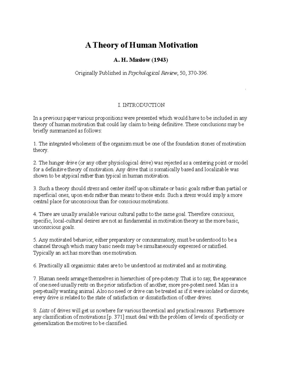 Maslow - A Theory of Human Motivation A. H. Maslow (1943) Originally ...