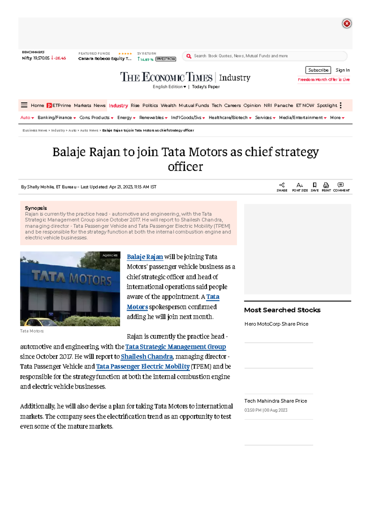 S 2 SM - Tata Motors Balaje Rajan to join Tata Motors as chief strategy ...