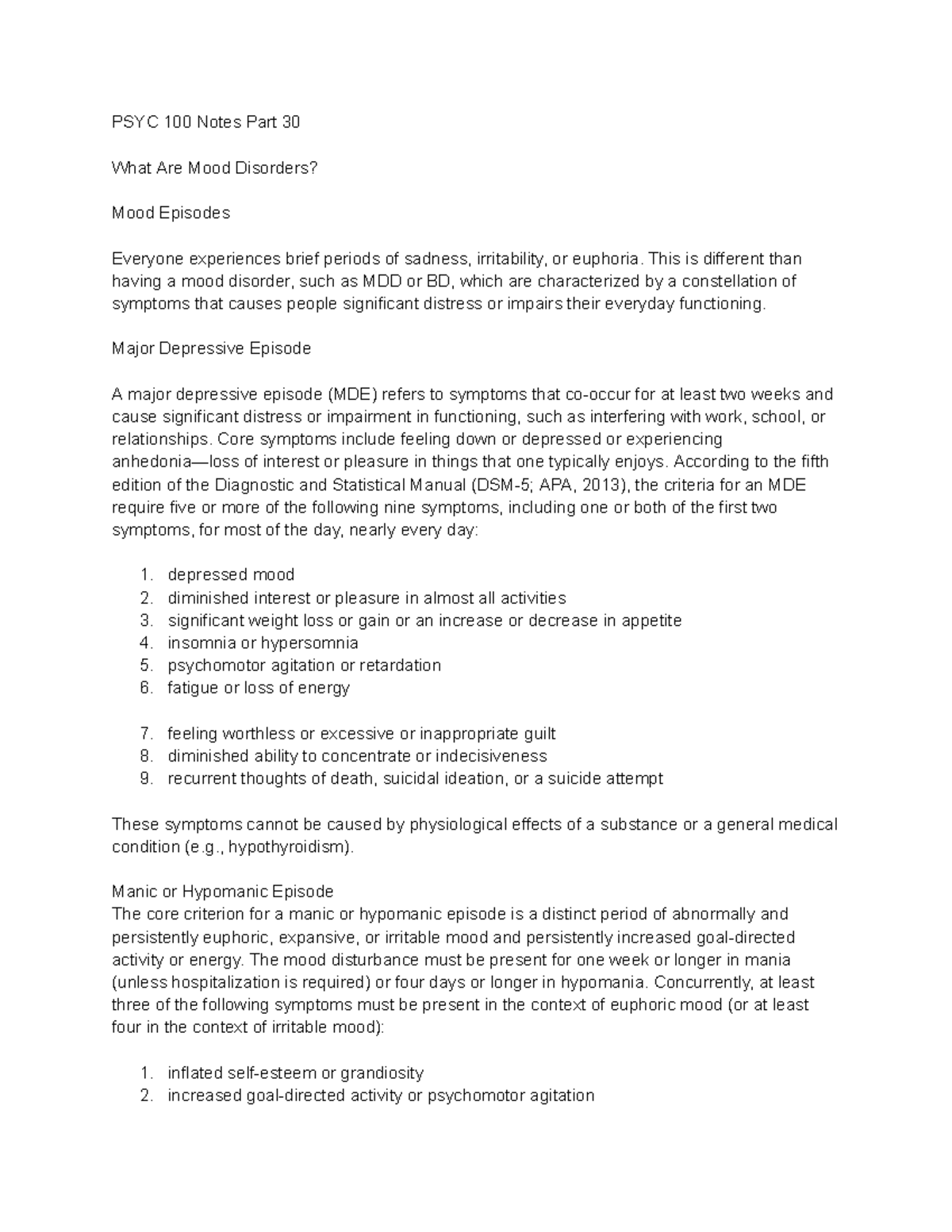 PSYC 100 Notes Part 30 - PSYC 100 Notes Part 30 What Are Mood Disorders ...