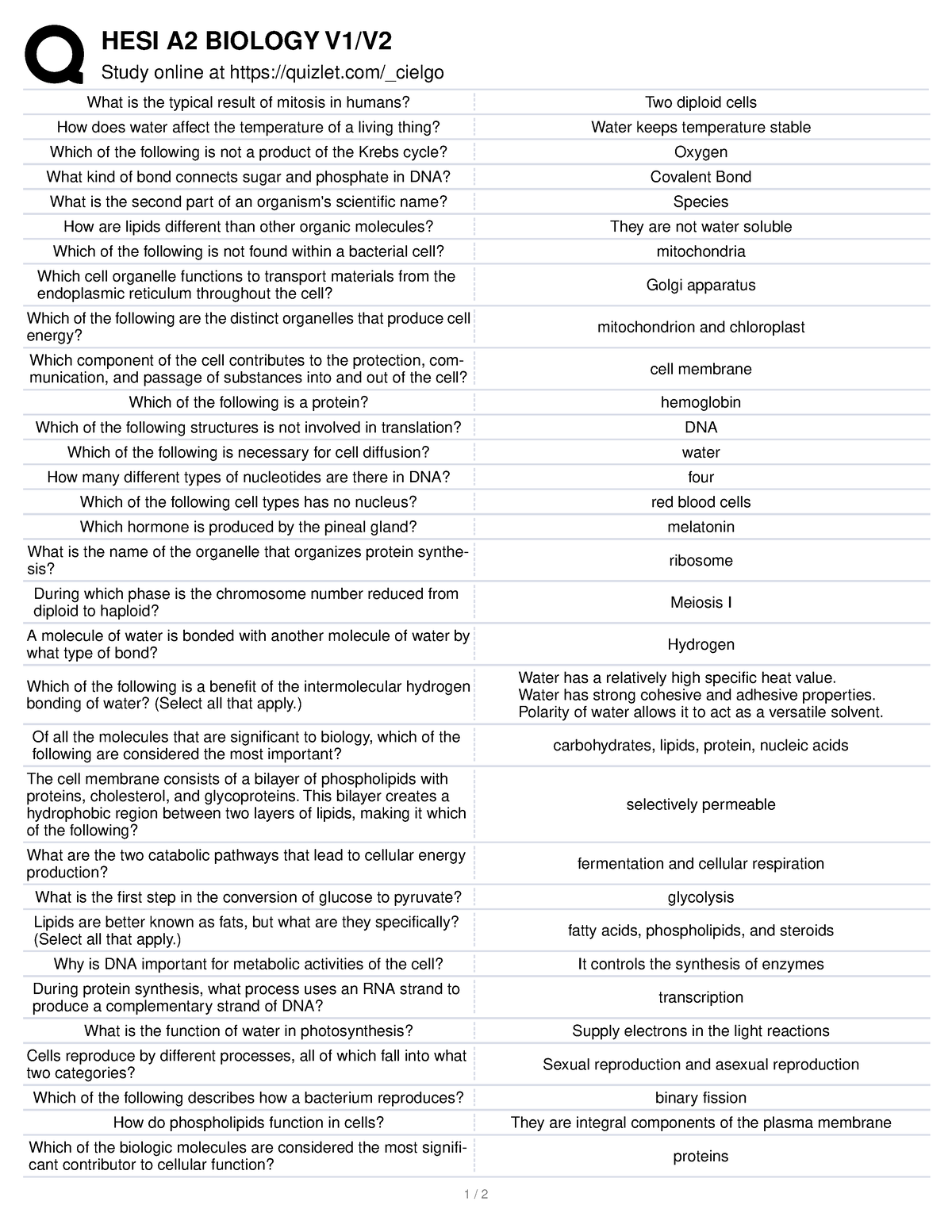 HESI A2 Biology V1 V2 HESI A2 HESI A2 BIOLOGY V1/V Study online at