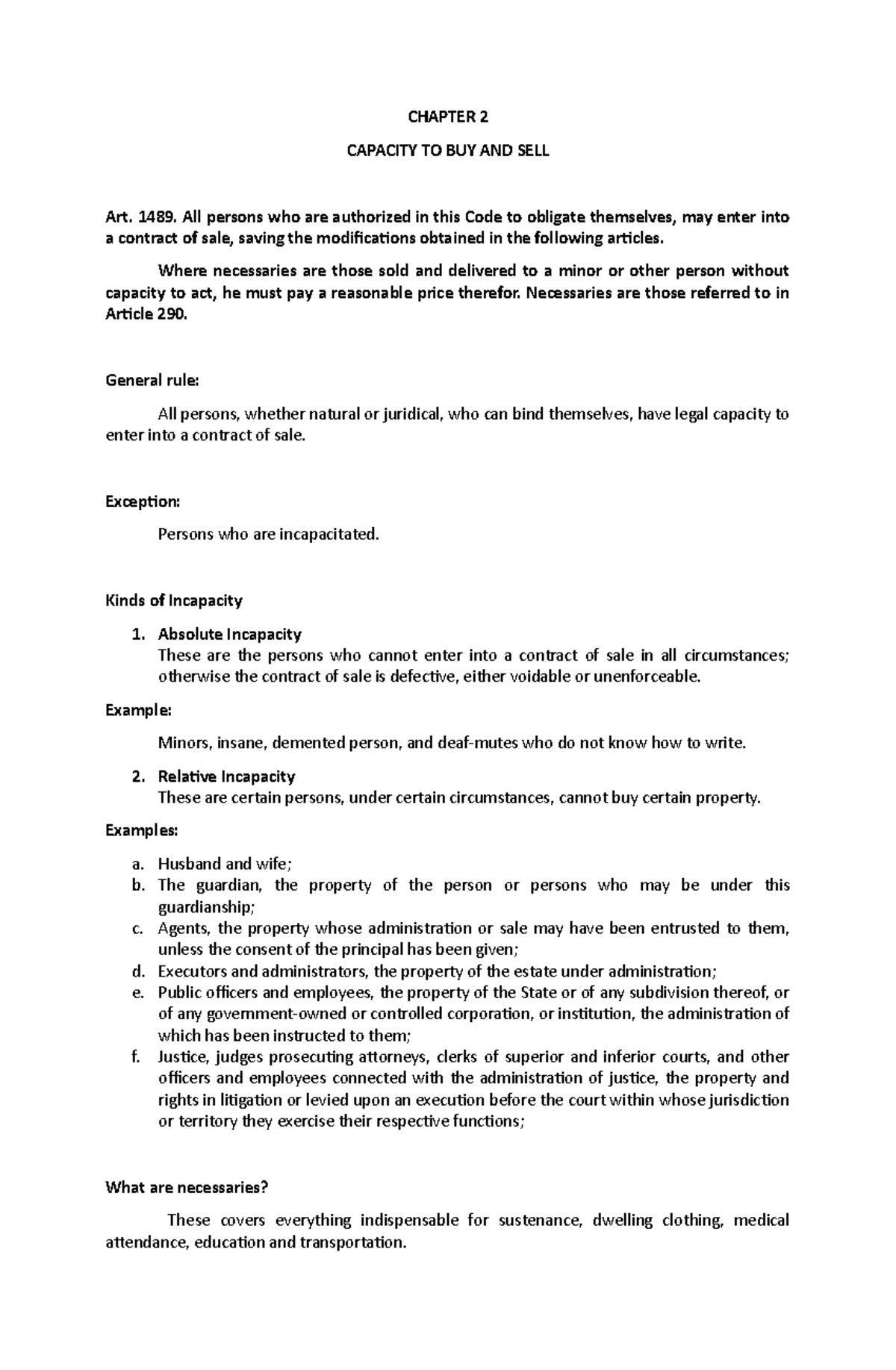 Chapter 2 Capacity TO BUY OR SELL - CHAPTER 2 CAPACITY TO BUY AND SELL ...