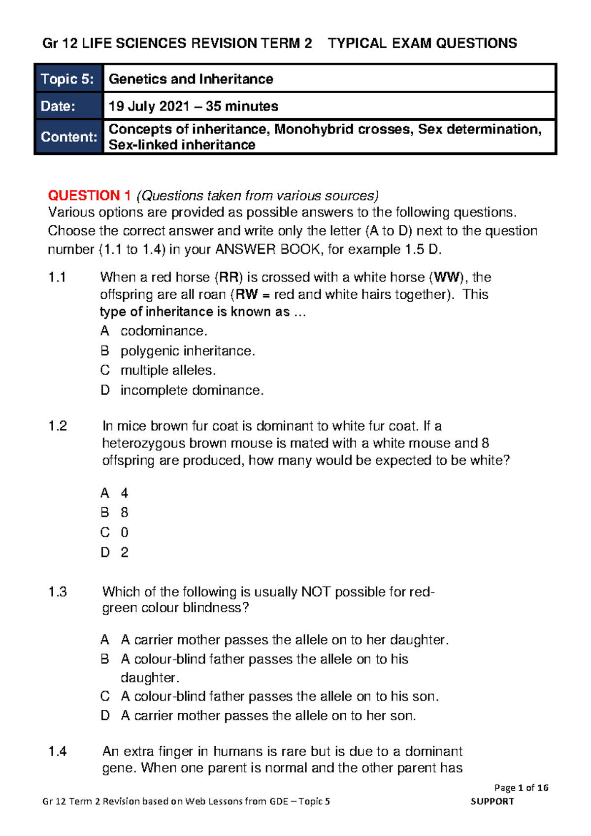 Gr 12 LS Term 2 - Topic 5 Revision - Page 1 of 16 Gr 12 LIFE SCIENCES ...