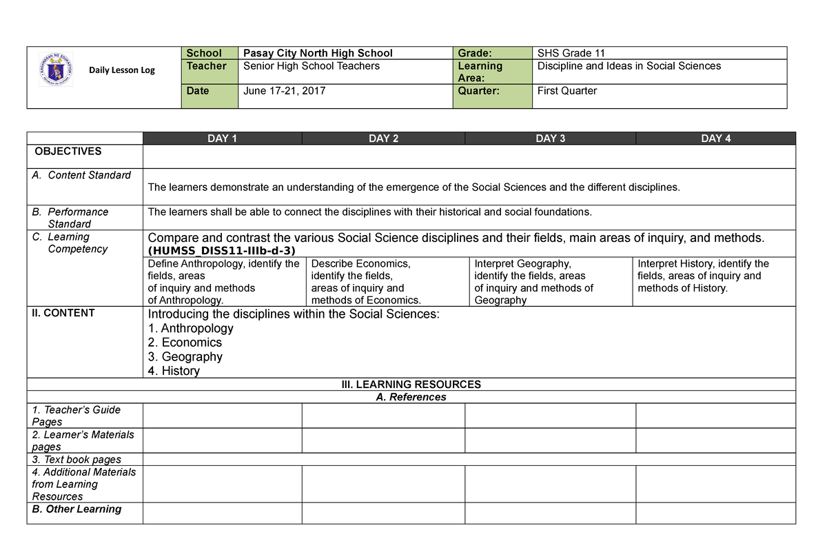 DISS Daily Lesson LOG WEEK 3 - School Pasay City North High School ...