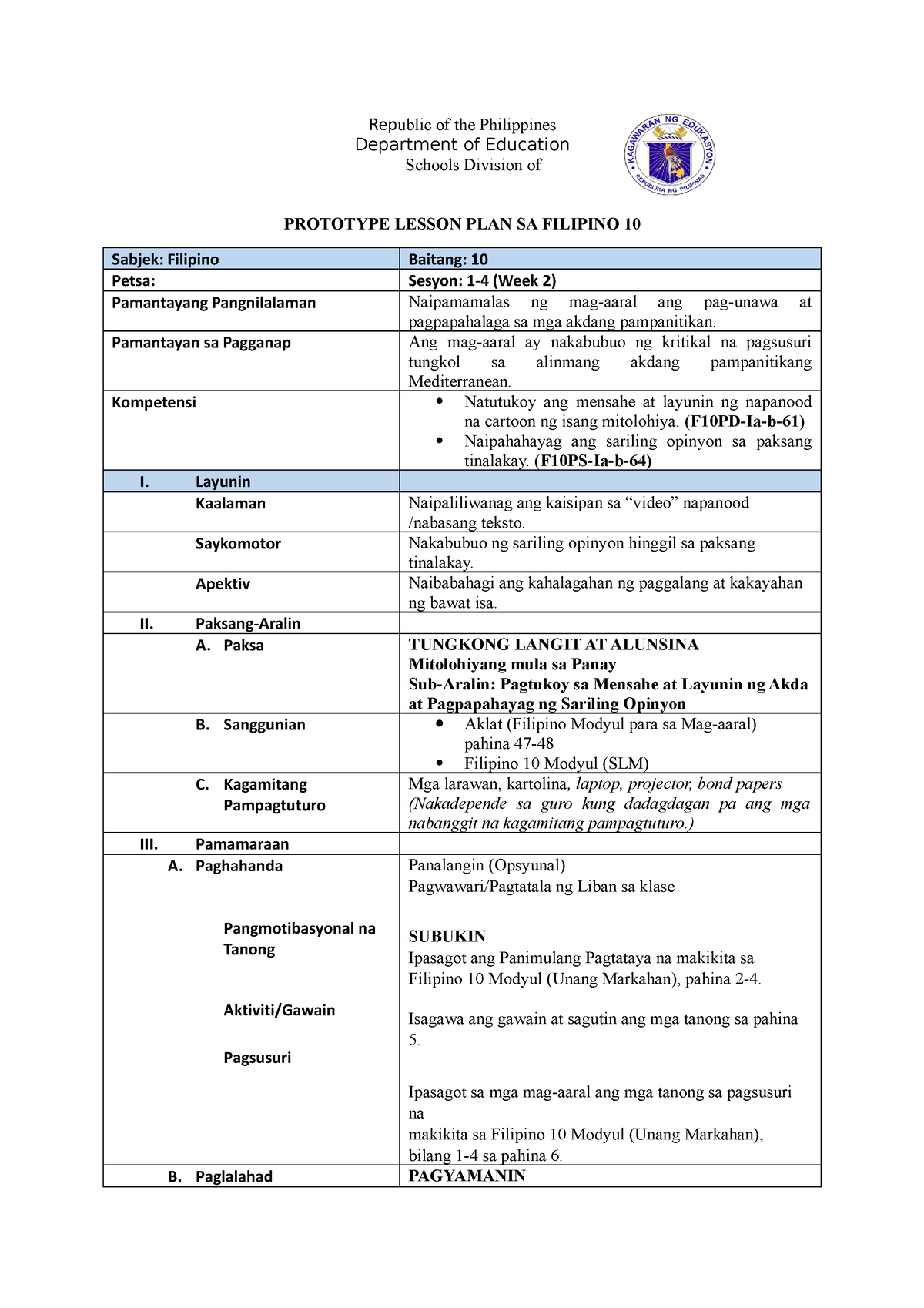 Filipino 10 (Q1-W2) - Lp-g10 - Republic Of The Philippines Department ...