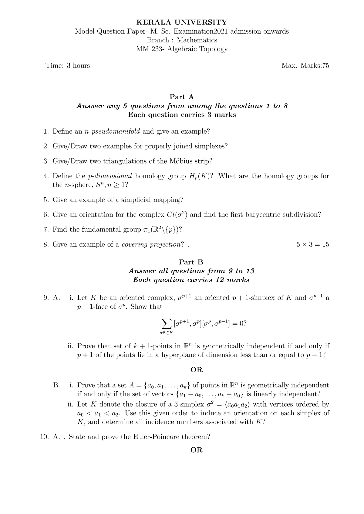 Algebraic Topology 1647844088 - KERALA UNIVERSITY Model Question Paper ...