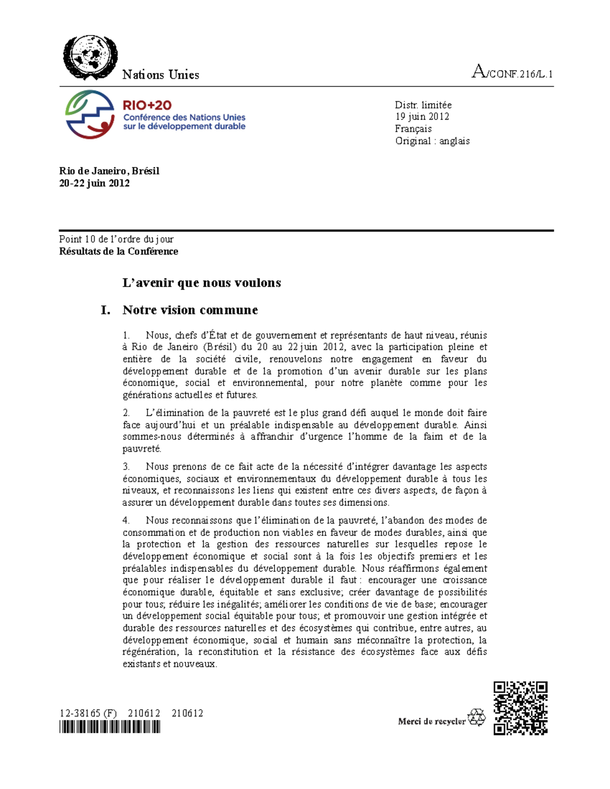 Déclaration Rio+20 L'avenir que nous voulons Nations Unies A/CONF/L