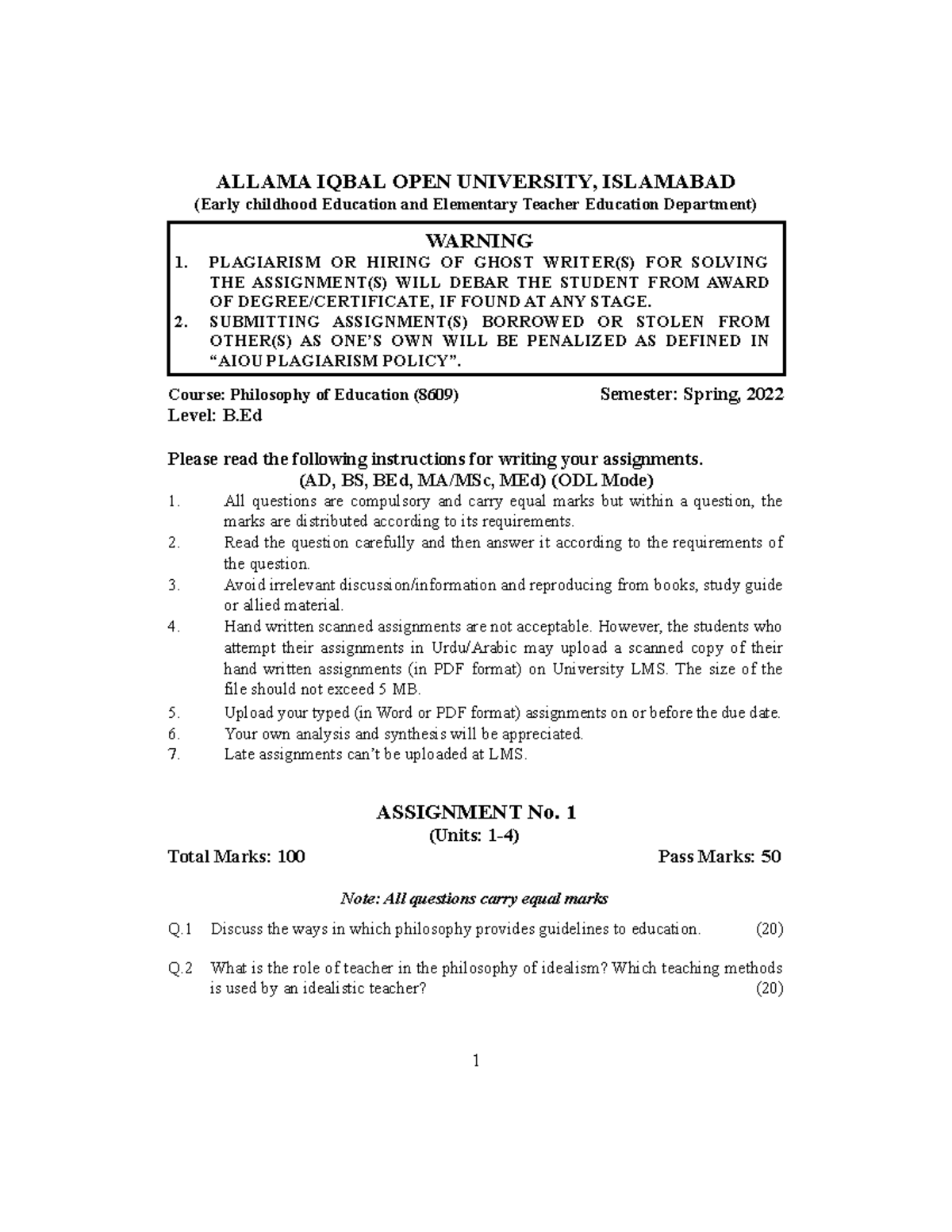 allama iqbal open university solved assignment spring 2020