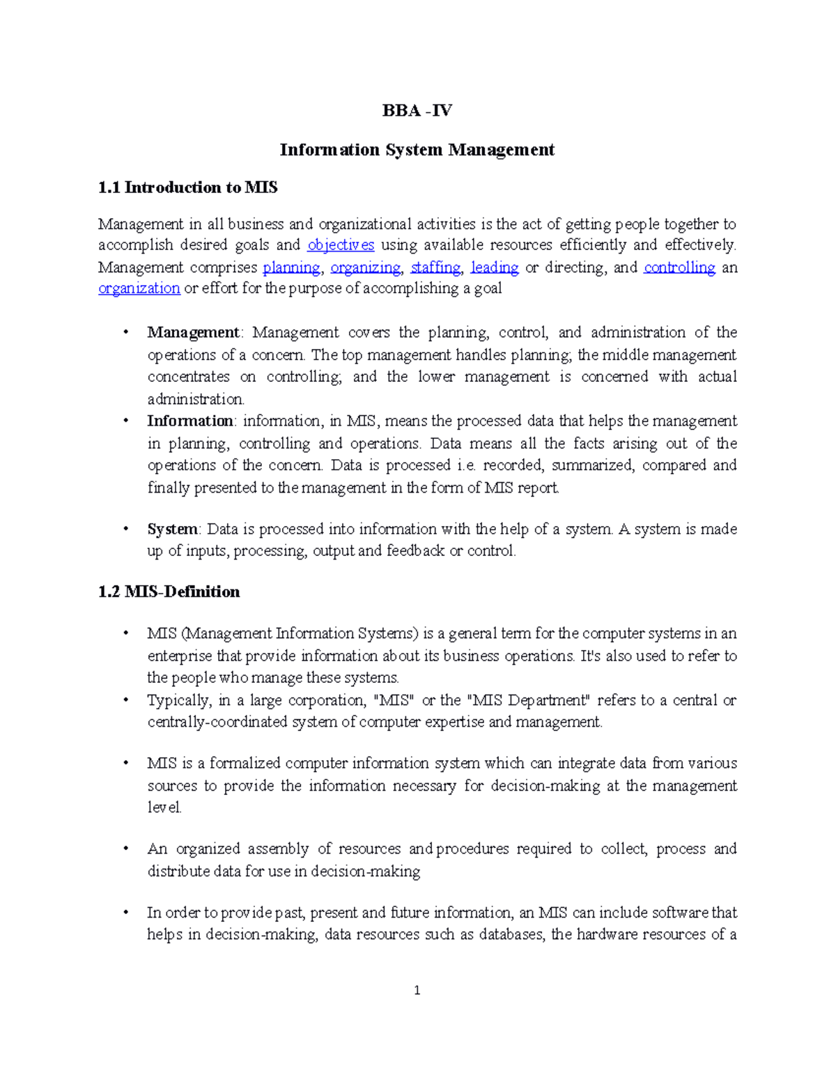 UNIT 1 & 4 Notes - BBA -IV Information System Management 1 Introduction ...