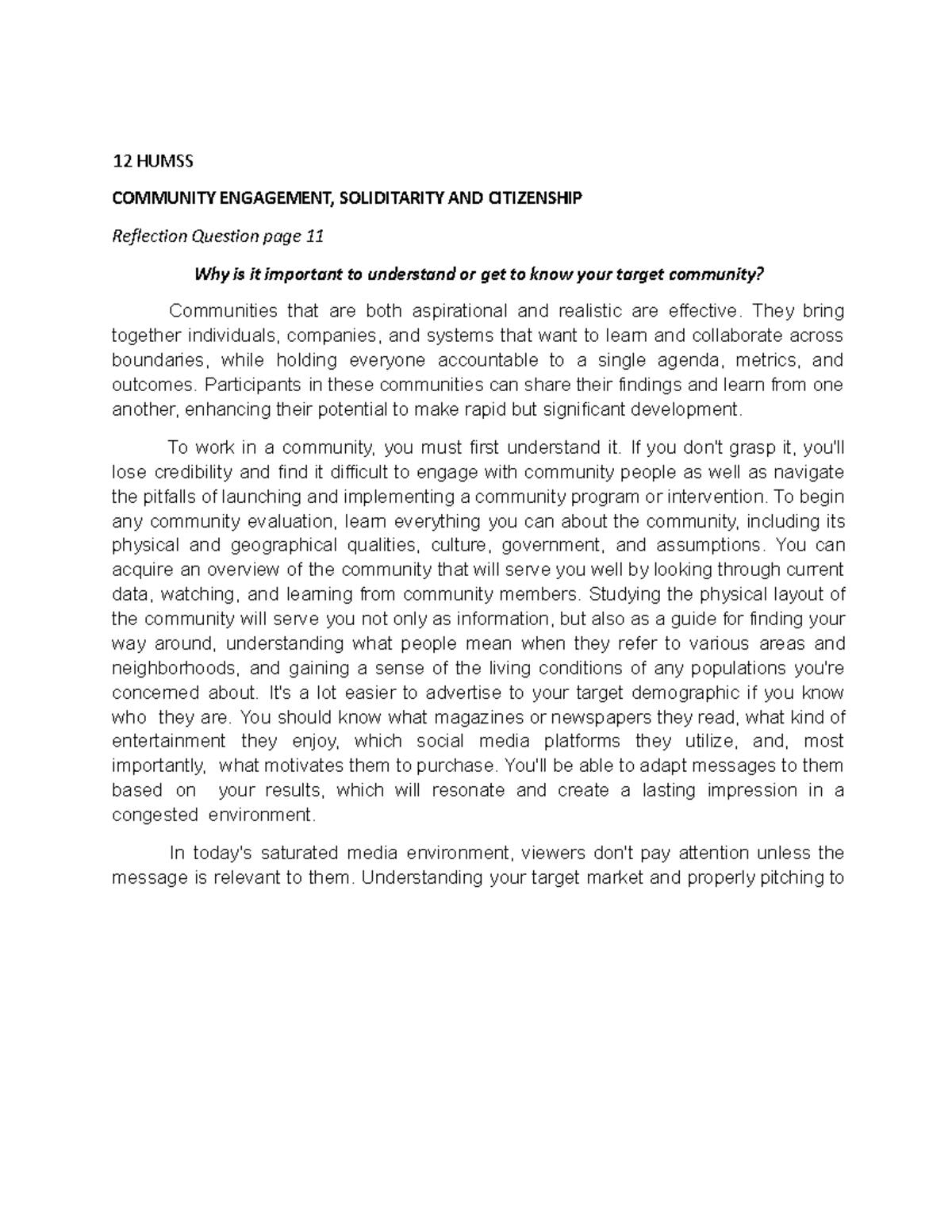 CSCReflection Question 11 12 HUMSS COMMUNITY ENGAGEMENT
