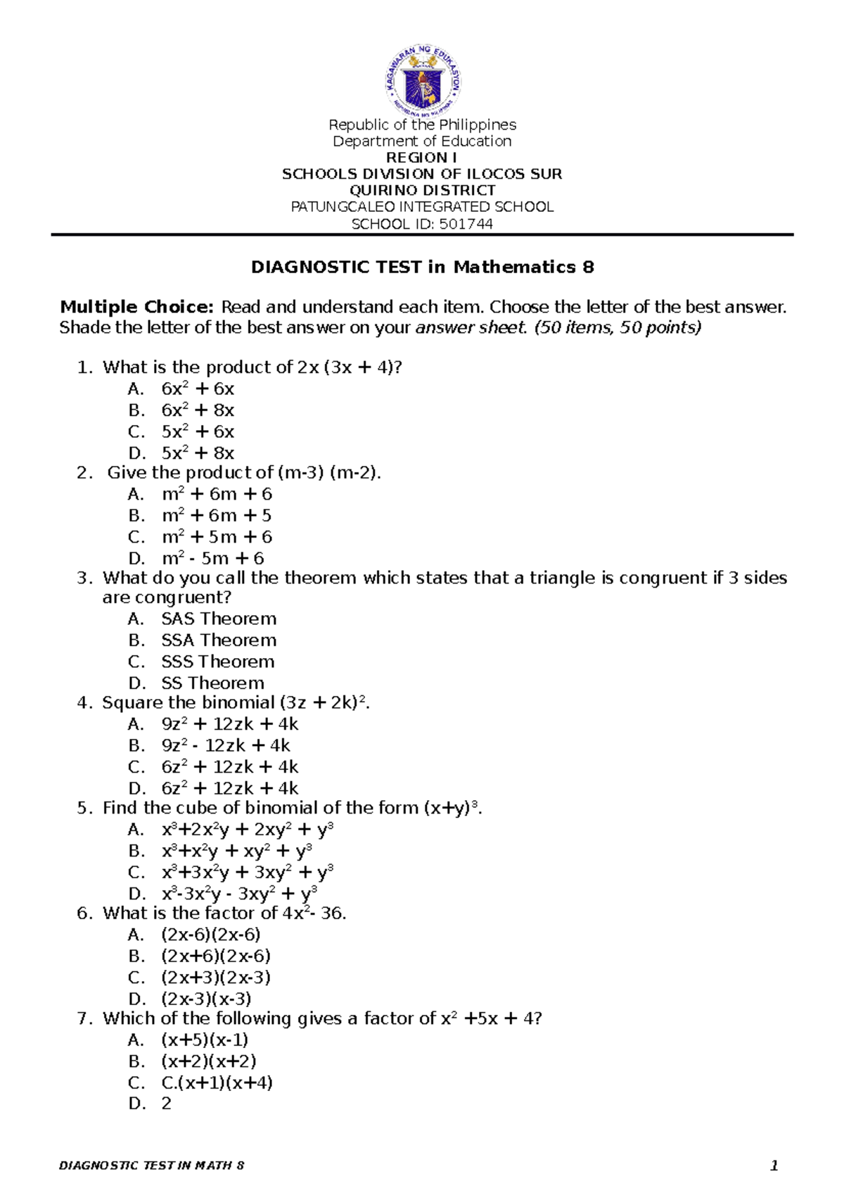 Diagnostic test in math 8 Republic of the Philippines Department of
