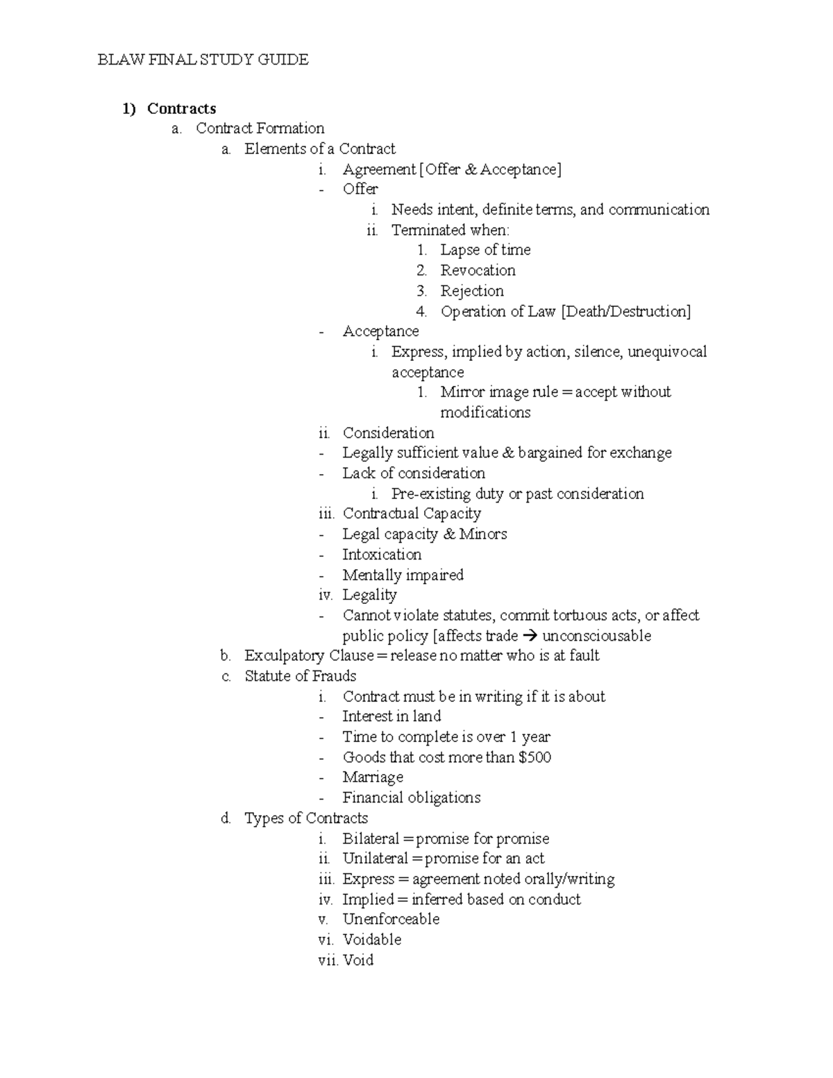 BLAW Final - BLAW FINAL STUDY GUIDE 1) Contracts A. Contract Formation ...