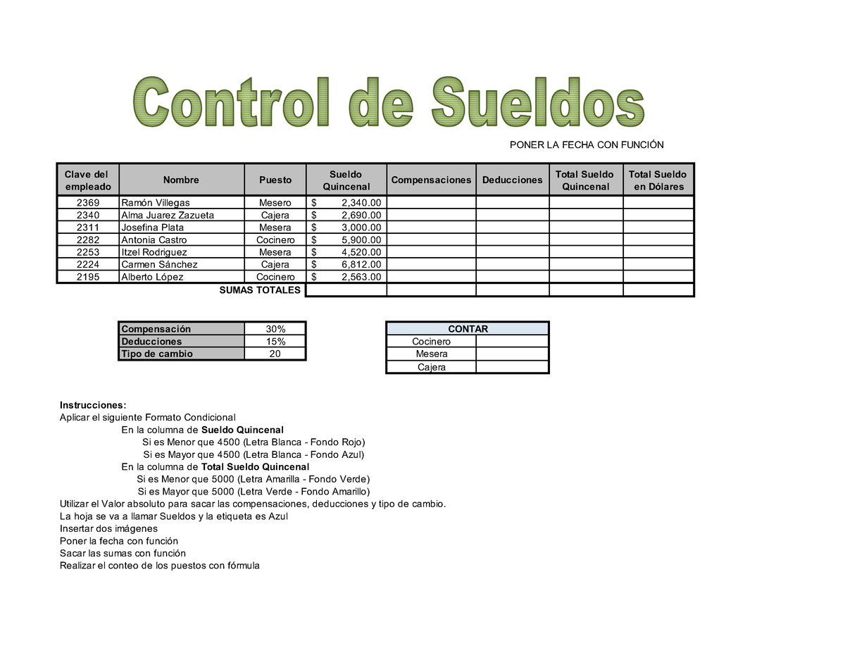 Practicas 3 Sueldos 1 Sex Poner La Fecha Con FunciÓn Clave Del Empleado Nombre Puesto 0120