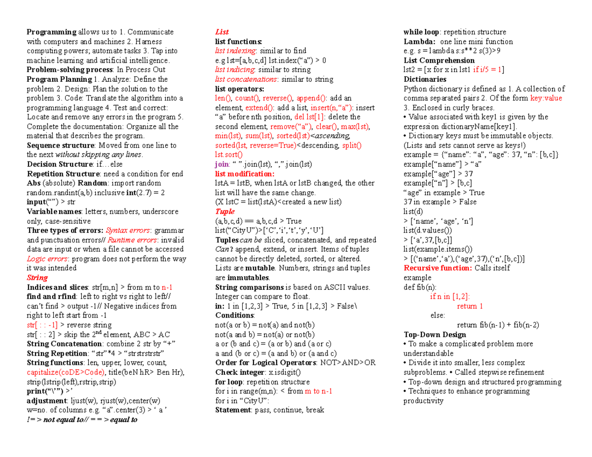 CB2240 Cheat sheet - Programming allows us to 1. Communicate with ...