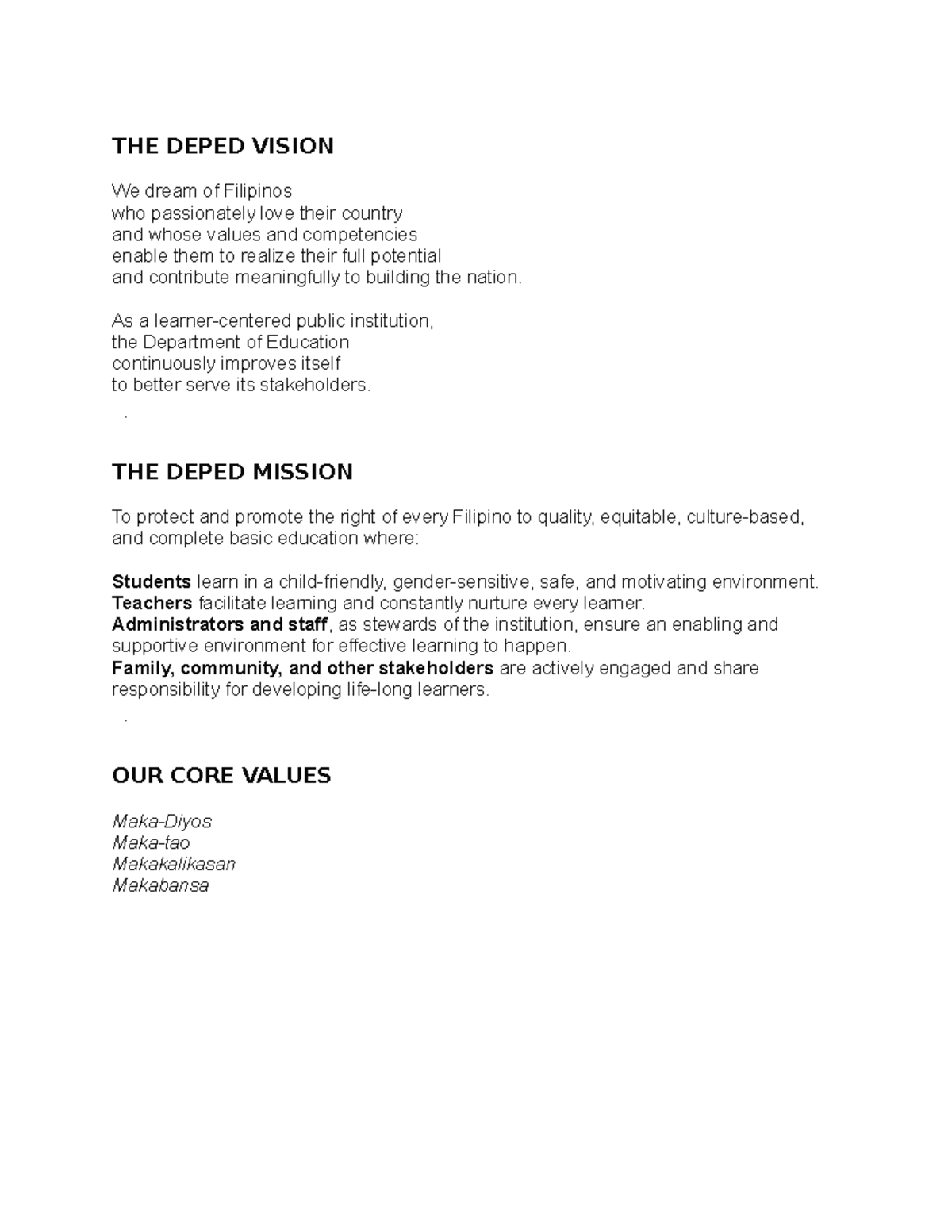 THE Deped Vision - notes - THE DEPED VISION We dream of Filipinos who ...
