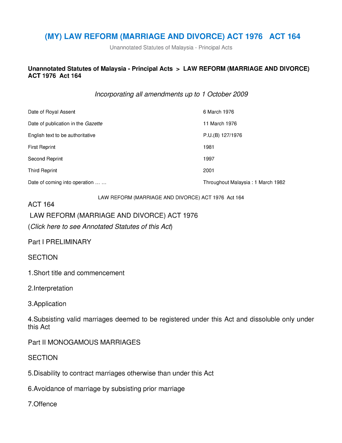 (MY) LAW Reform ( Marriage AND Divorce) ACT 1976 ACT 1 - Unannotated ...