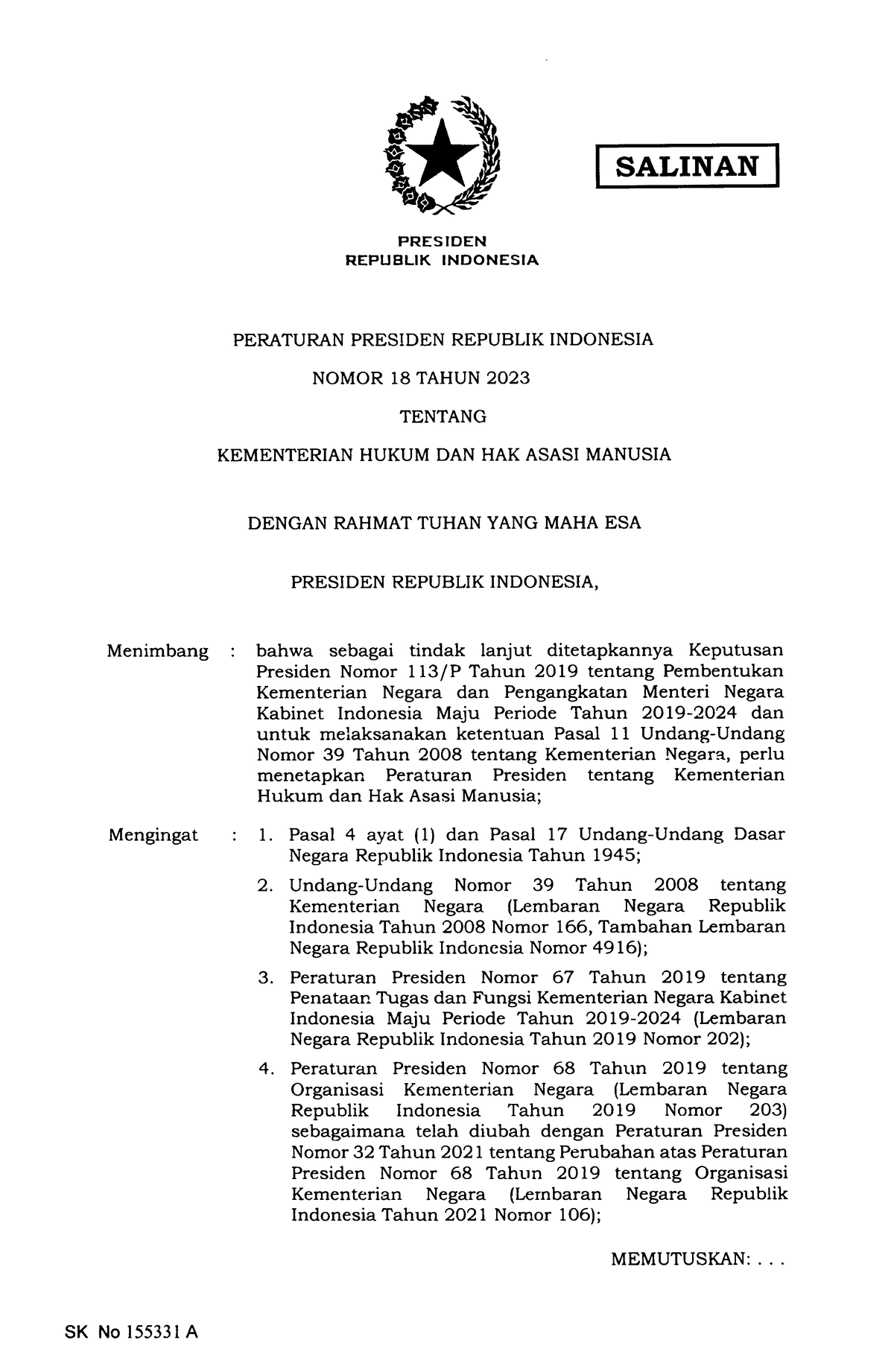 Perpres Nomor 18 Tahun 2023 - Menimbang Mengingat SALINAN PRES IDEN ...