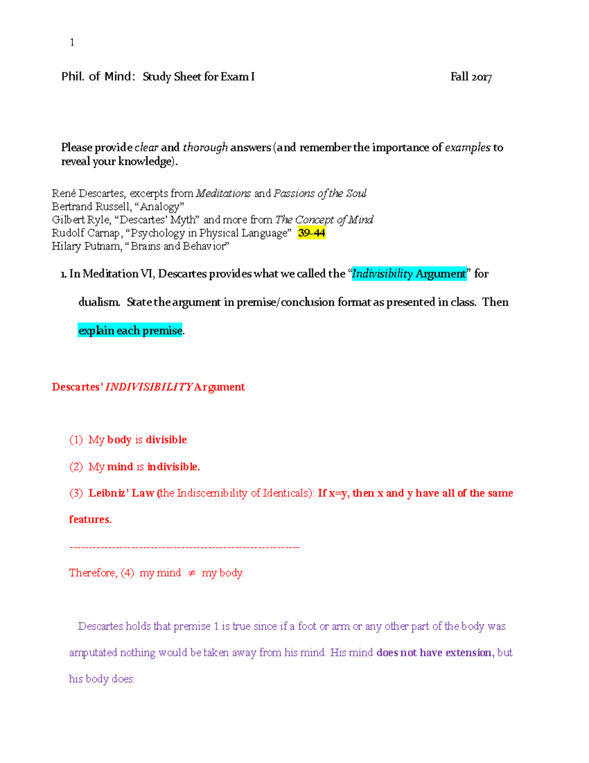 Phil of mind, study sheet for exam I - Phil. of Mind: Study Sheet for ...