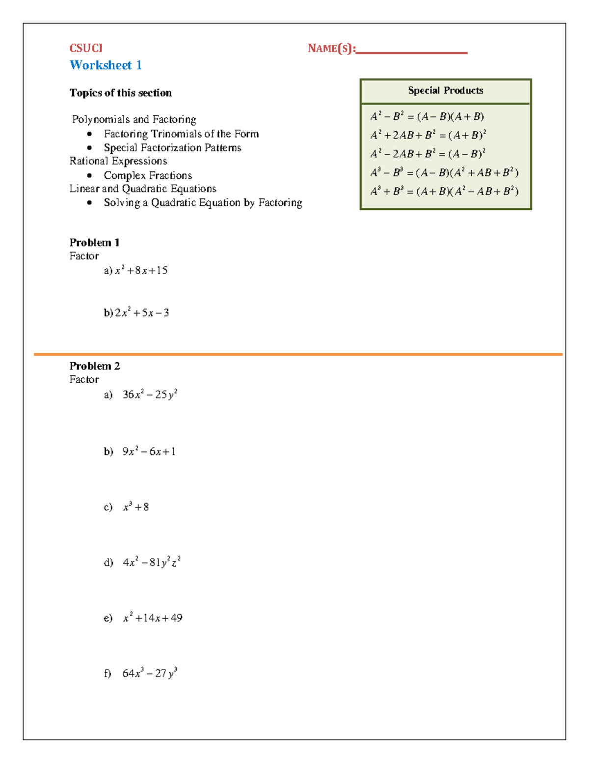 Worksheet 1 Chapter P - Practice - Special Products 2 2 2 2 2 2 2 2 3 3 ...