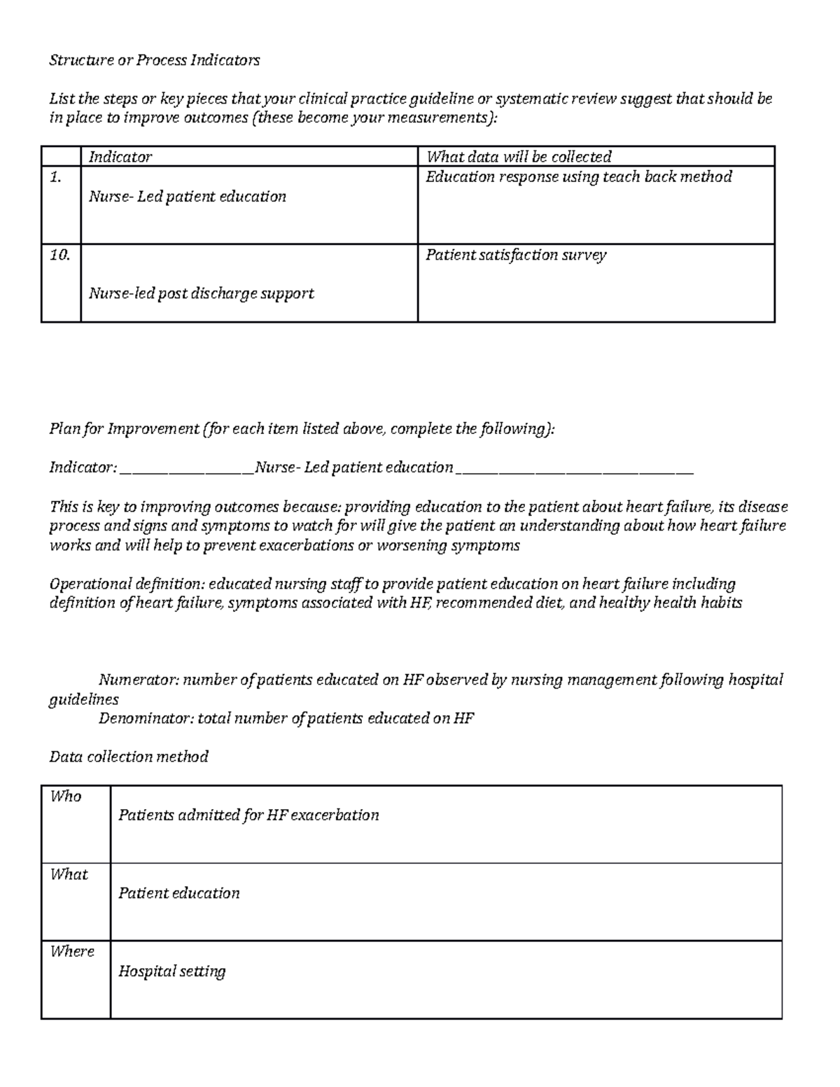 Indicator Worksheet assessment Structure or Process Indicators List