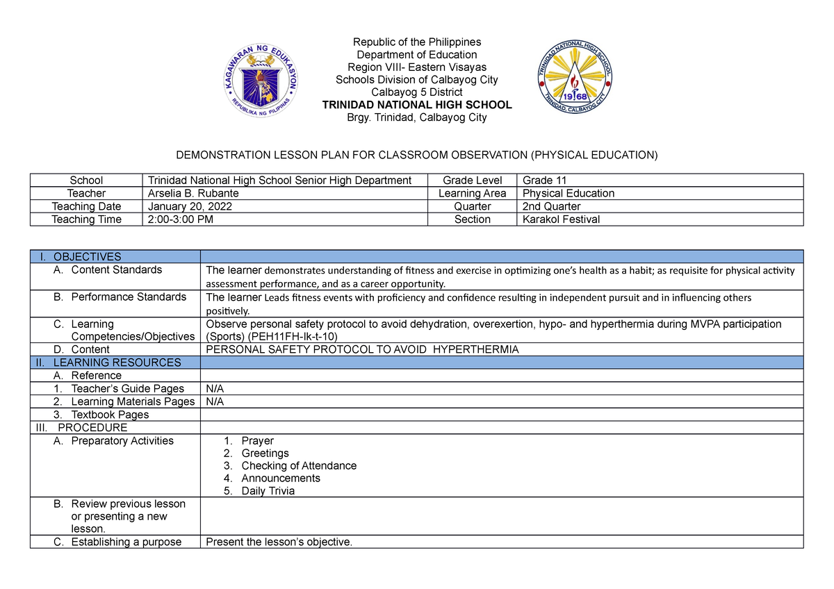 COT- 4th Quarter - Lesson Plan - Republic Of The Philippines Department ...