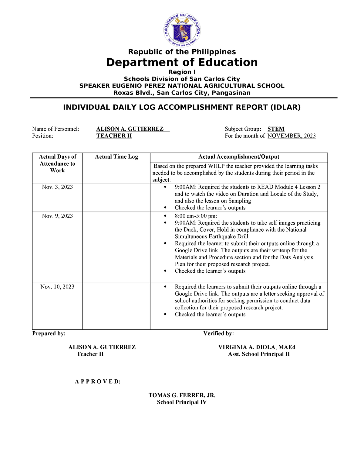 Idlar-shs 2023 November - Republic of the Philippines Department of ...