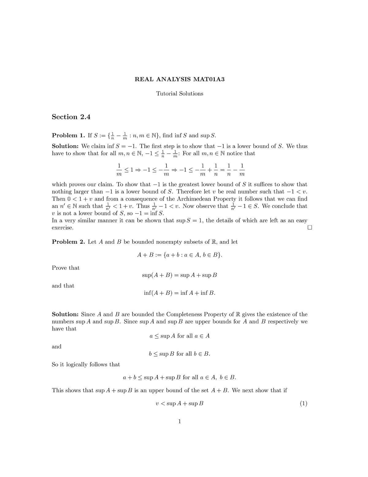 Tutorial 2.4 Solutions - REAL ANALYSIS MAT01A Tutorial Solutions ...